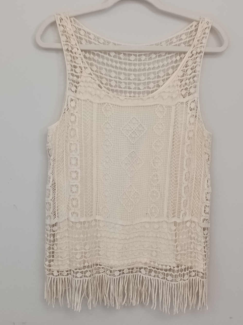 Lauren Ralph Lauren Ivory Crochet Fringe Boho Layered Tank Top Hippie Festival L